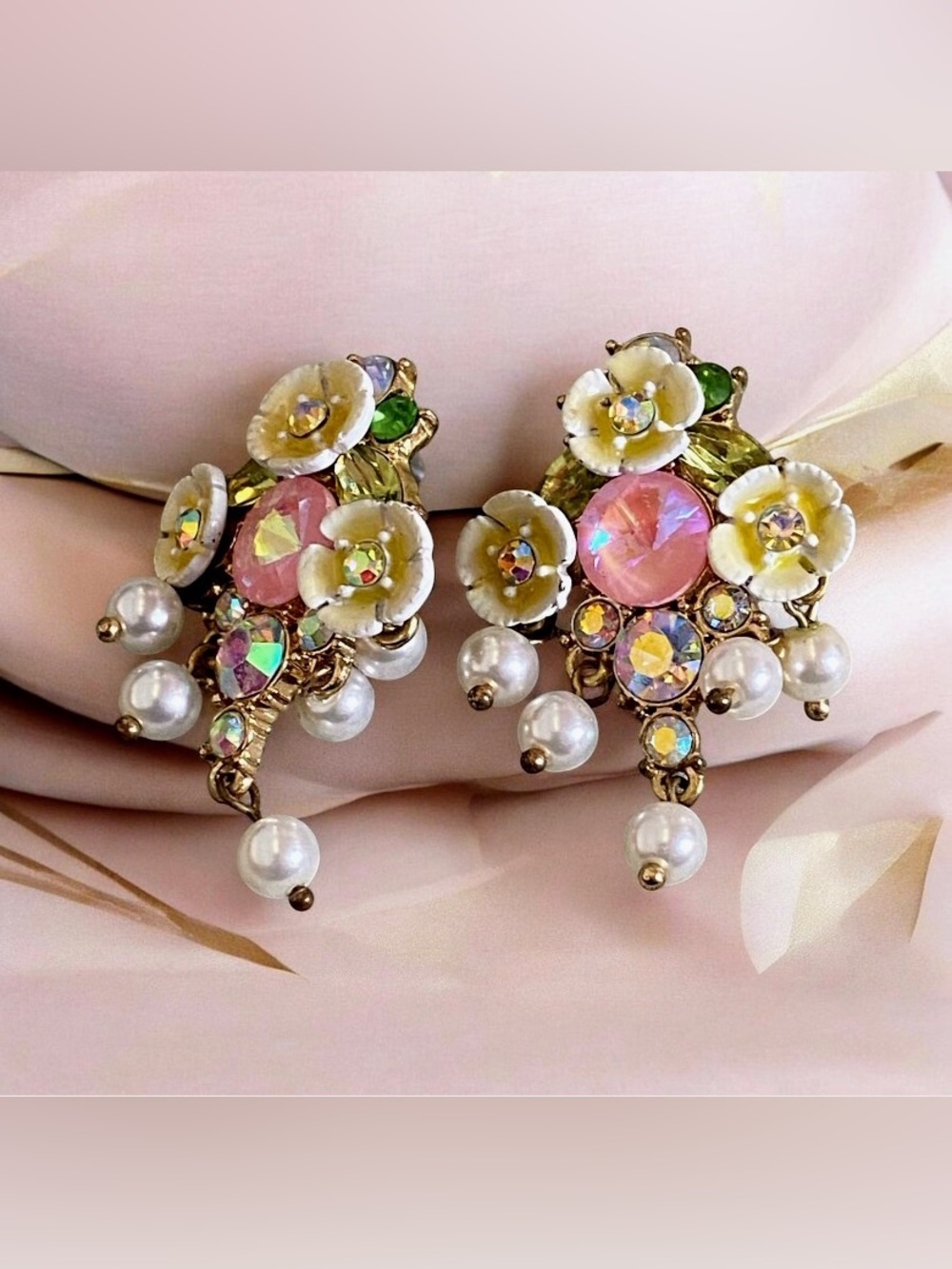 Rare Betsy Johnson flower pearls and AB crystals earrings